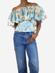 Oscar De La Renta Blue off-shoulder cropped ruffle top - size UK 6