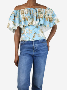 Oscar De La Renta Blue off-shoulder cropped ruffle top - size UK 6