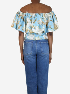 Oscar De La Renta Blue off-shoulder cropped ruffle top - size UK 6