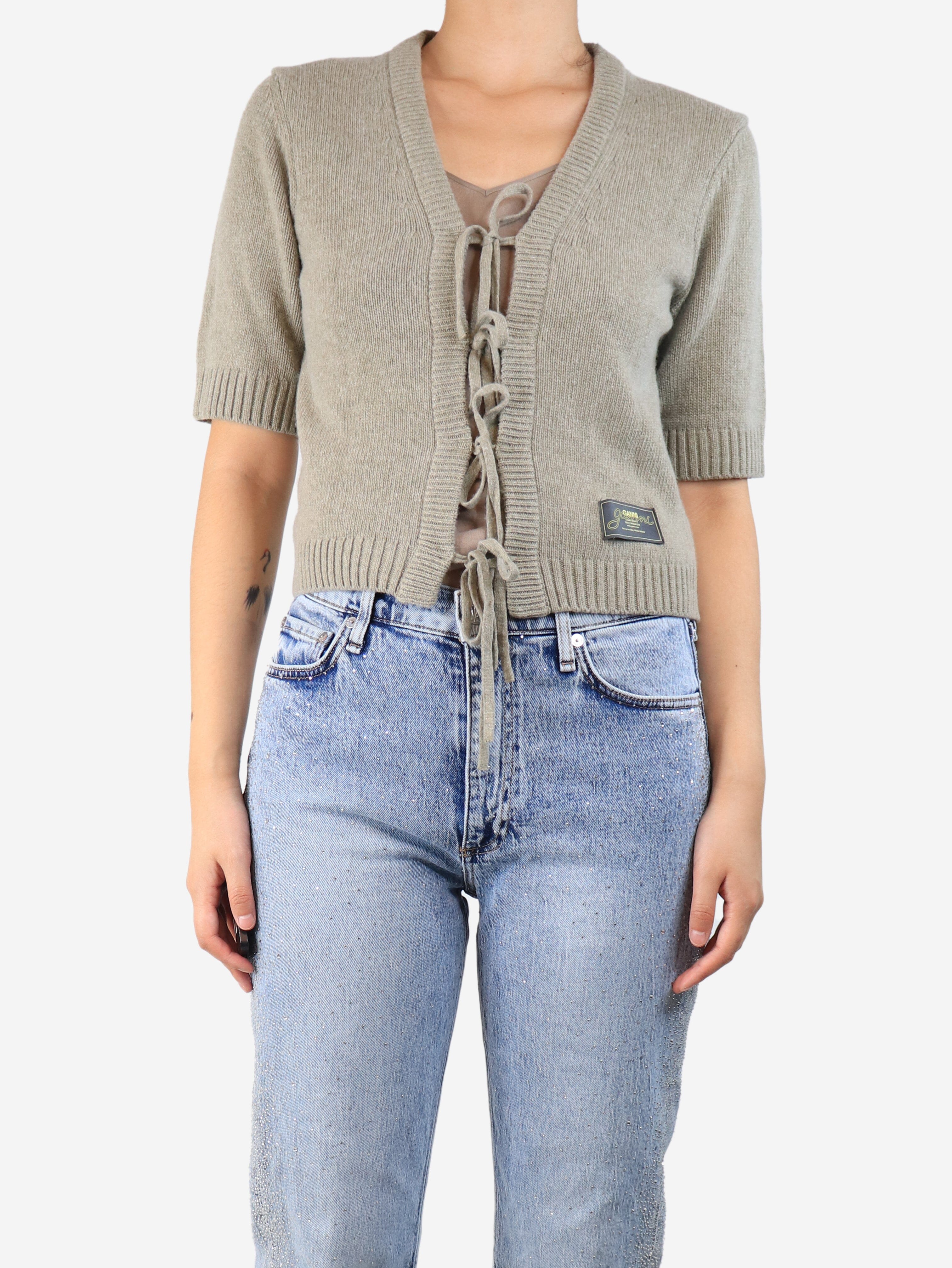 Sage green cropped tie-front cardigan - size S Knitwear Ganni 