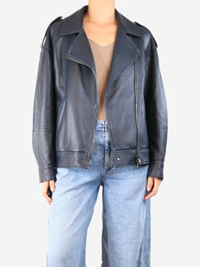 Brunello Cucinelli Navy blue leather biker jacket - size UK 10