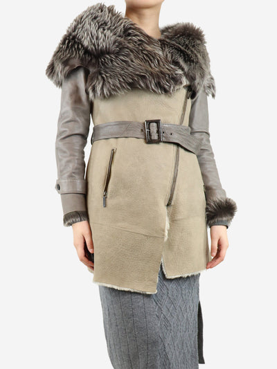 Grey and neutral belted shearling jacket - size UK 10 Coats & Jackets Karl Donoghue 