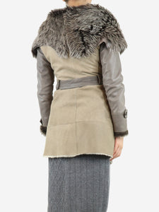 Karl Donoghue Grey and neutral belted shearling jacket - size UK 10