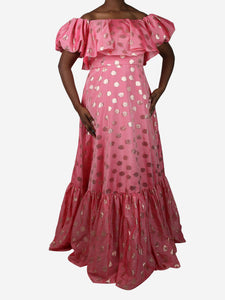 Ml Monique Lhuillier Pink puff-sleeved lurex polka dot midi dress - size UK 12
