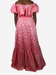 Ml Monique Lhuillier Pink puff-sleeved lurex polka dot midi dress - size UK 12