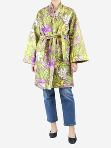 Hayley Menzies Green floral embroidered belted coat - size UK 12