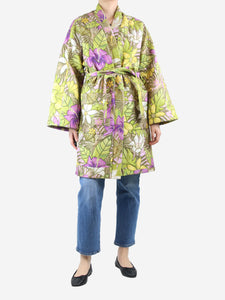 Hayley Menzies Green floral embroidered belted coat - size UK 12