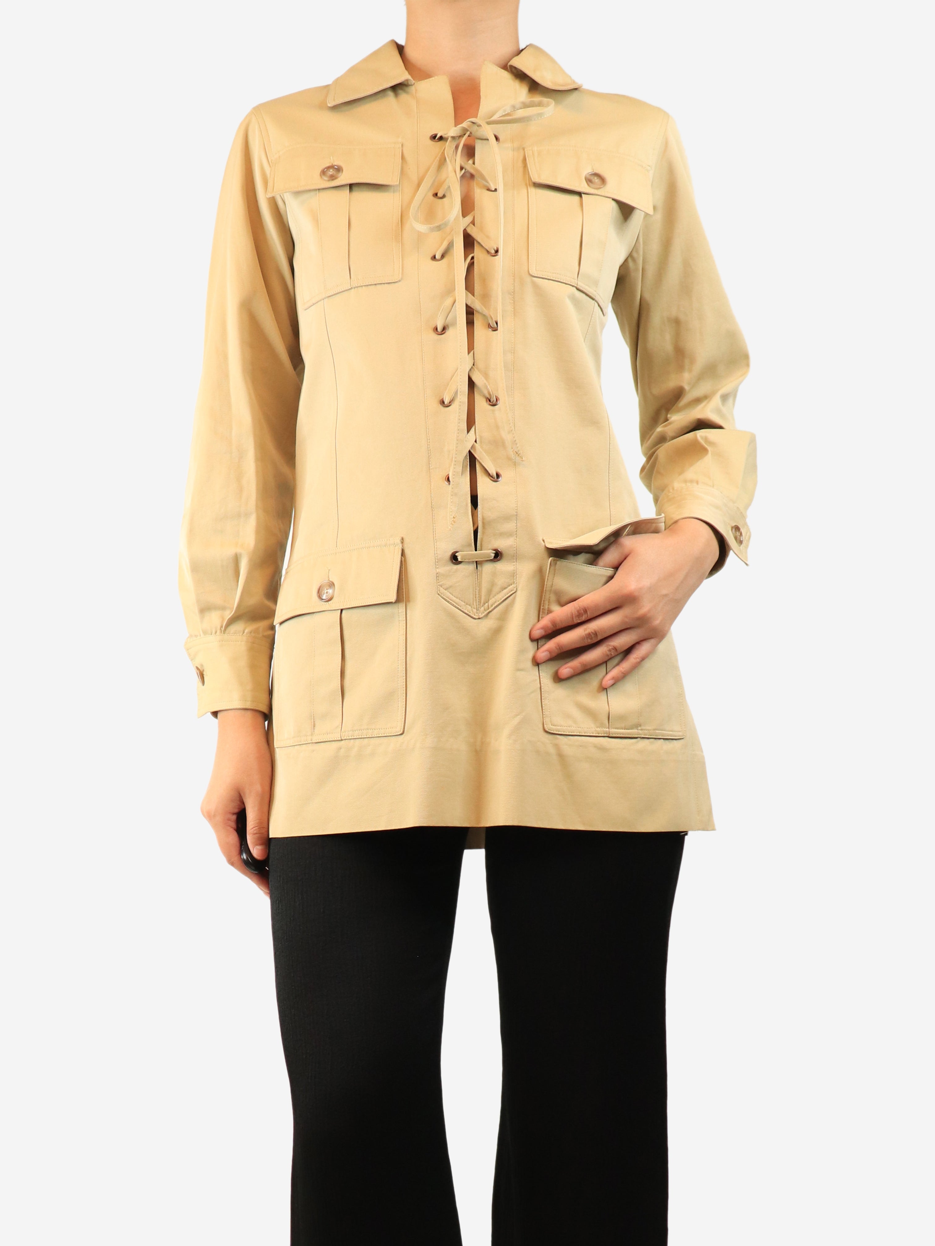 Beige vintage 1968 runway Saharan lace-up tunic - size UK 8