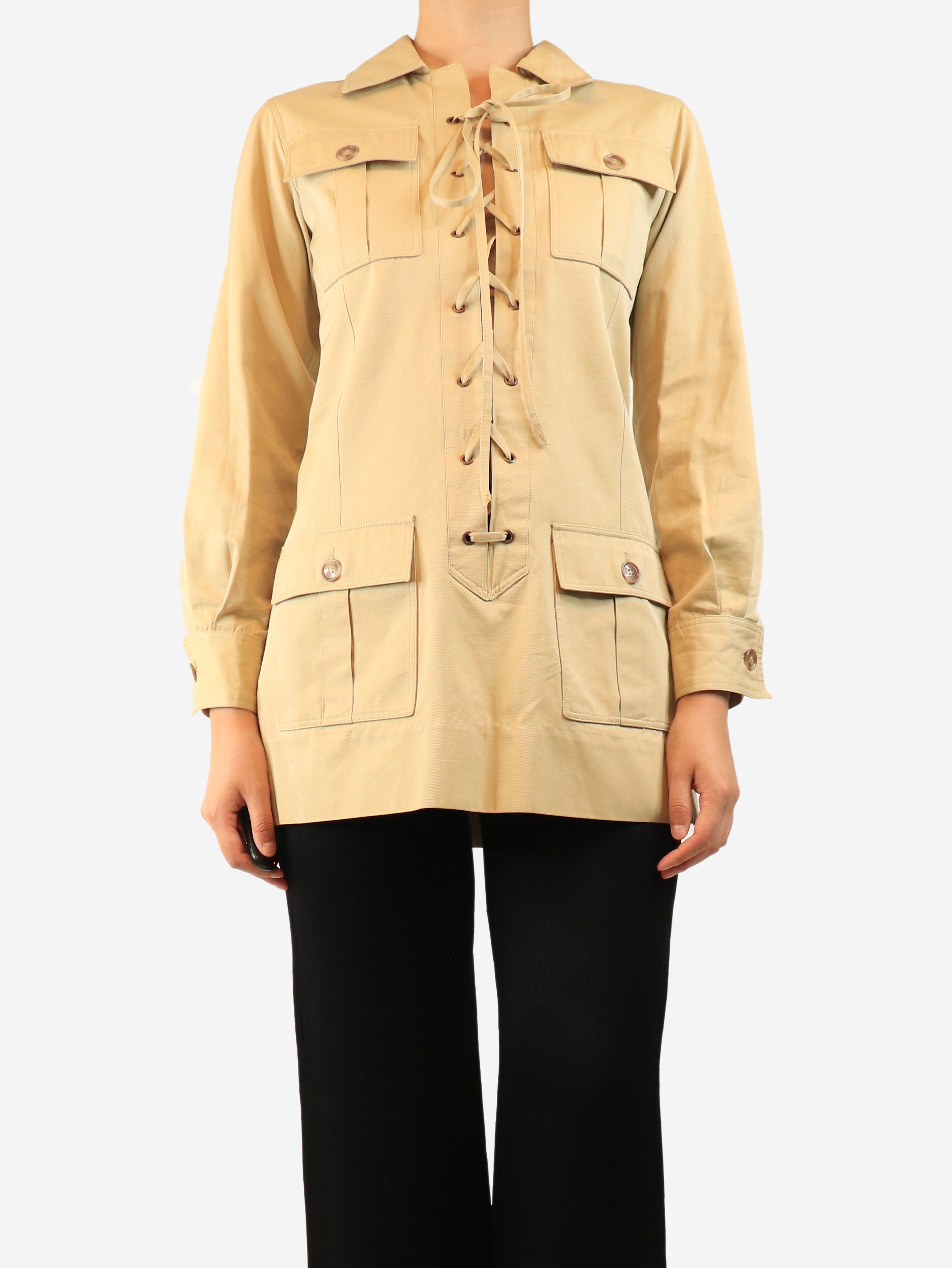 Beige vintage 1968 runway Saharan lace-up tunic - size UK 8