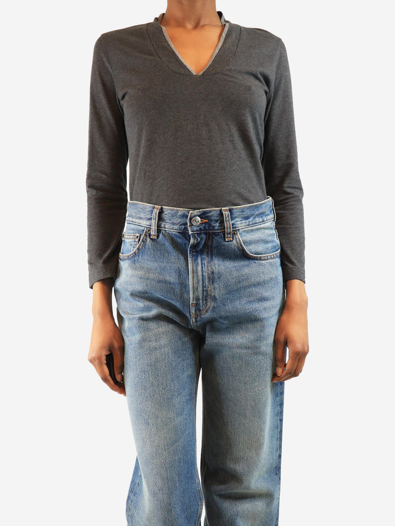 Grey monili v-neck top - size M Tops Brunello Cucinelli 