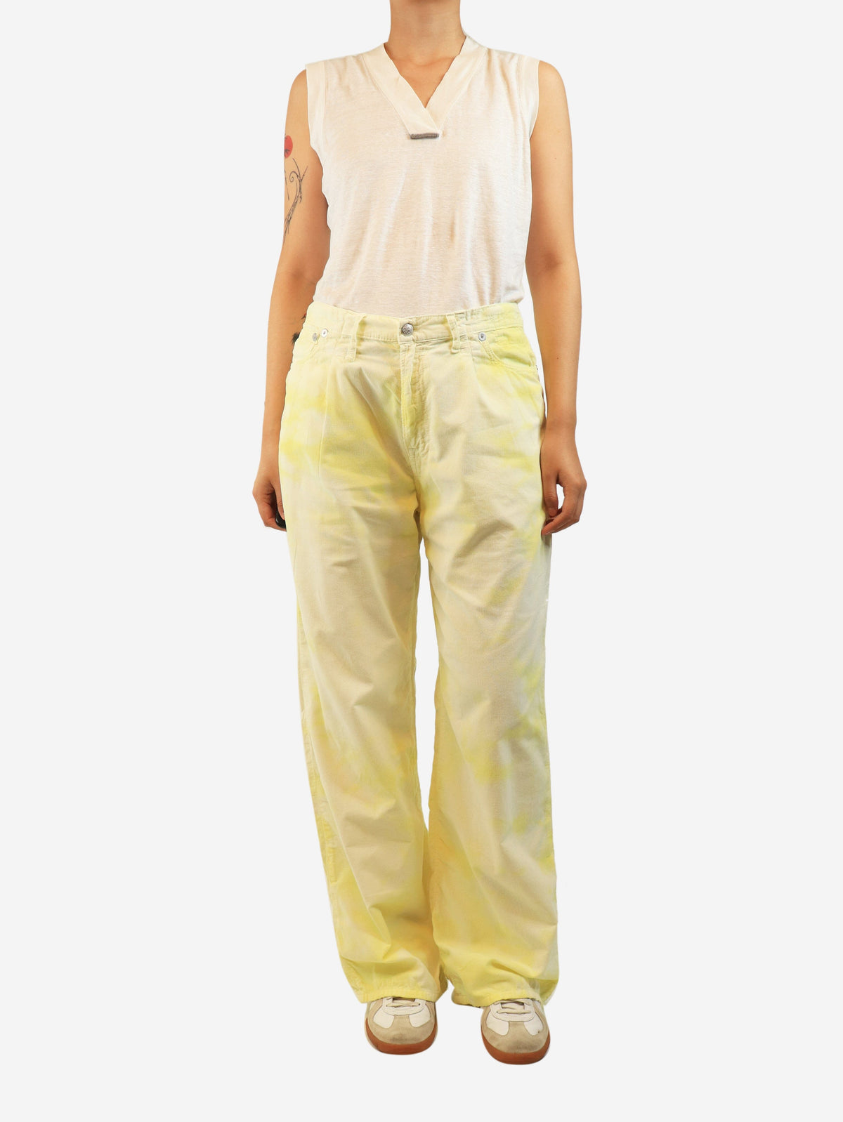 Pale yellow SS22 Damon pleated wide-leg jeans - size UK 8 Denim R13 