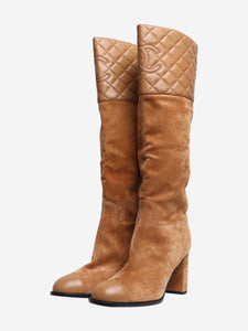 Chanel Tan suede and quilted leather knee-high boots - size EU 38.5