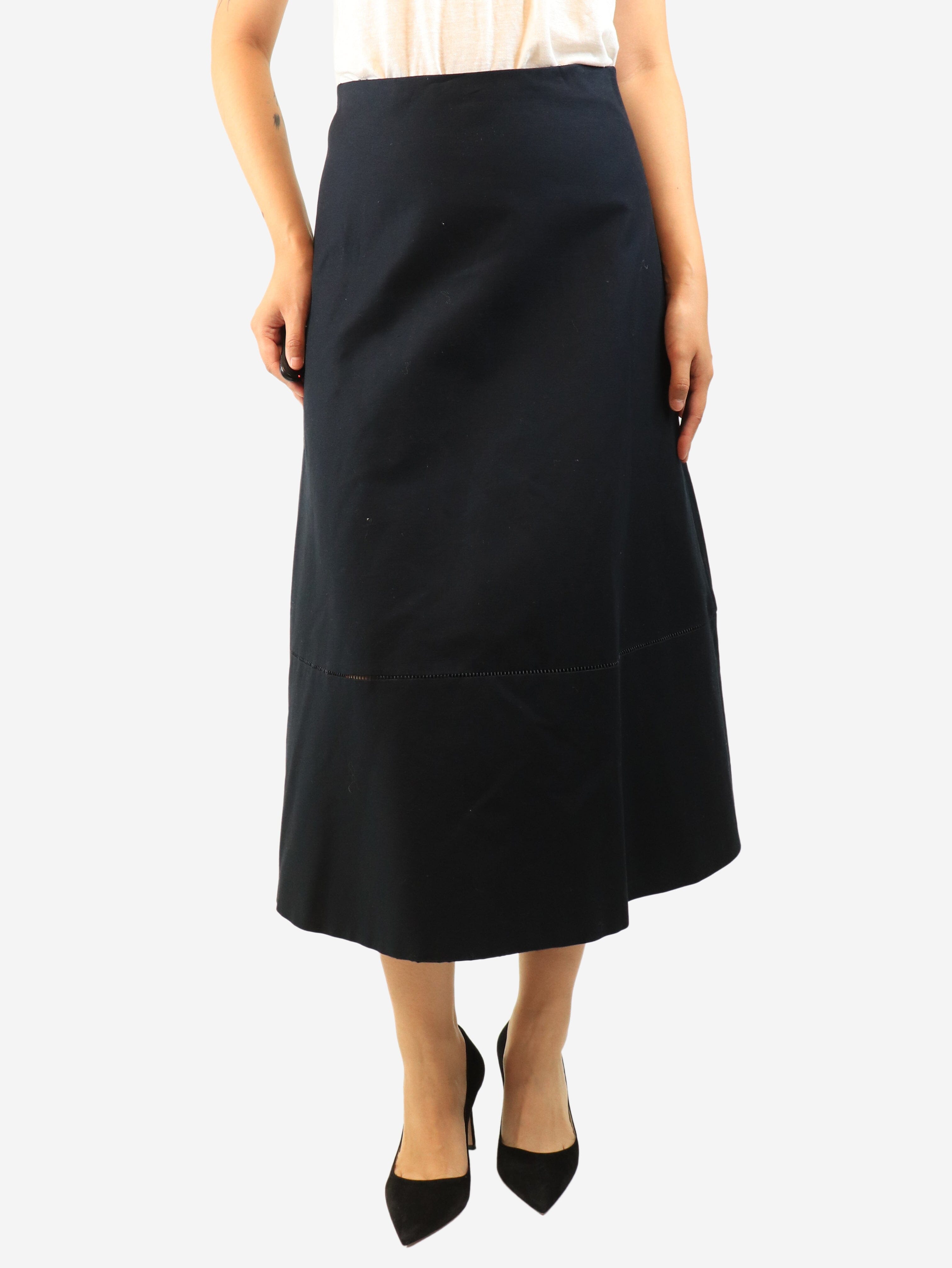 Navy cotton A-line midi skirt - size UK 8
