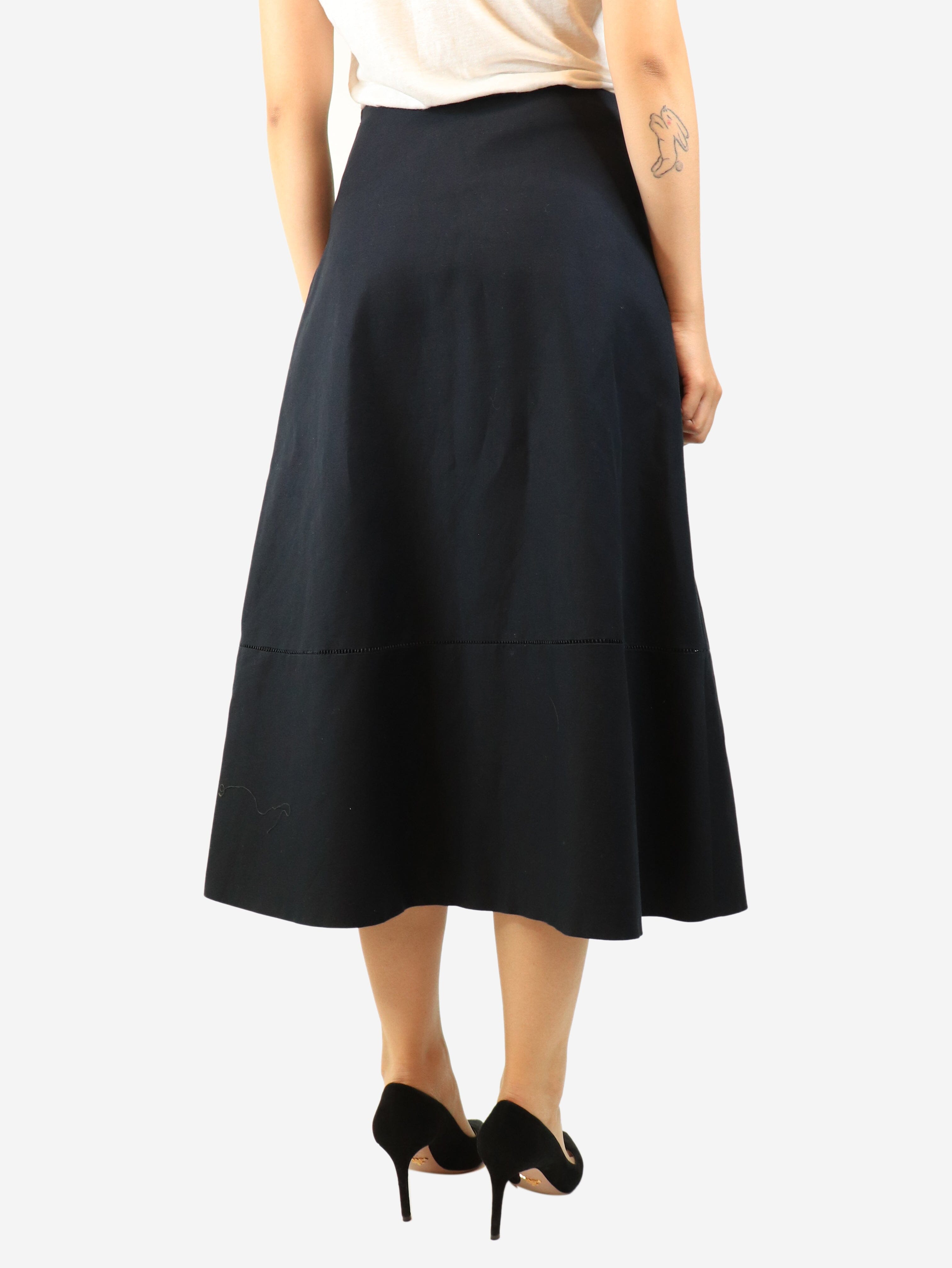 Navy cotton A-line midi skirt - size UK 8