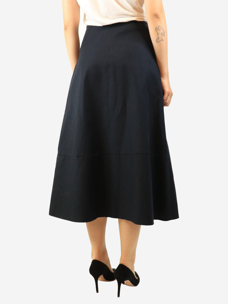 Navy cotton A-line midi skirt - size UK 8