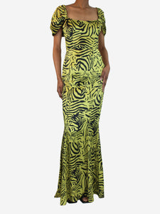 De La Vali Green and black silk animal printed maxi dress - size UK 10