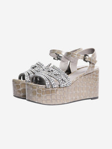 Gina Olive green patent croc-embossed platform sandals - size EU 37