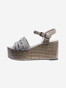 Gina Olive green patent croc-embossed platform sandals - size EU 37