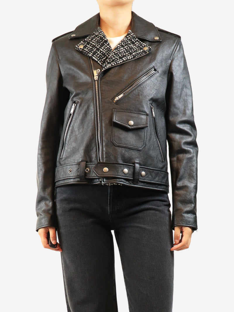 Black leather and tweed biker jacket - size UK 12