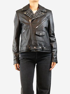 Black leather and tweed biker jacket - size UK 12