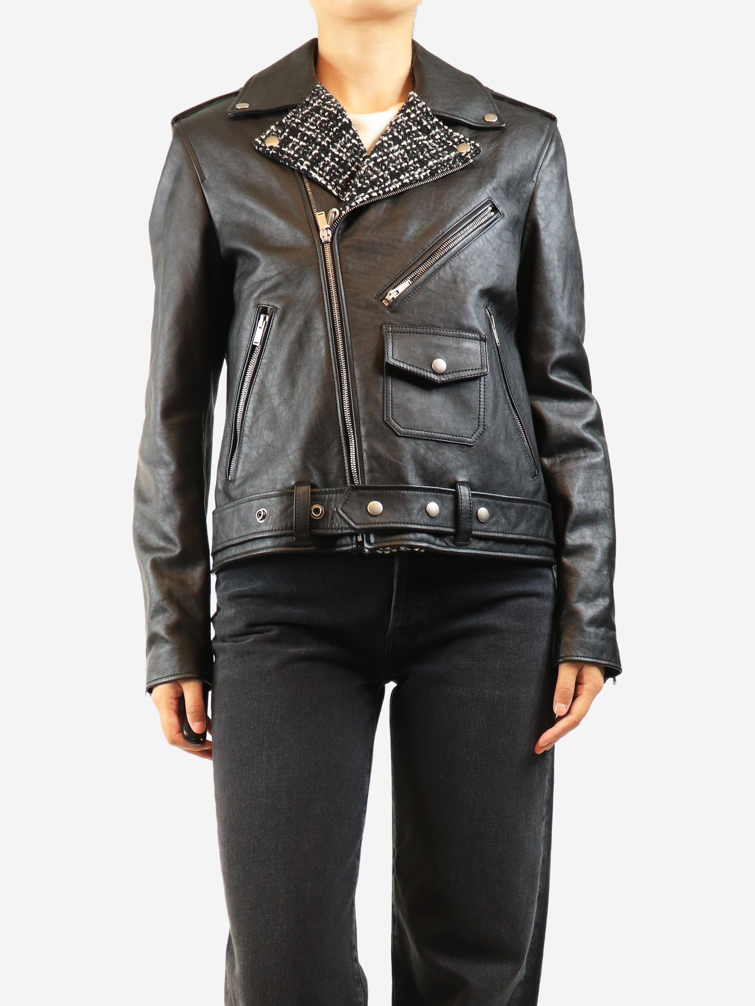 Black leather and tweed biker jacket - size UK 12