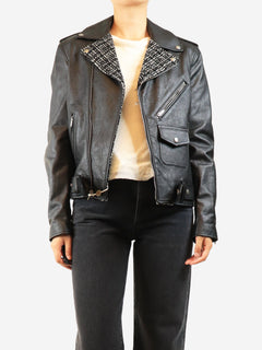 Black leather and tweed biker jacket - size UK 12