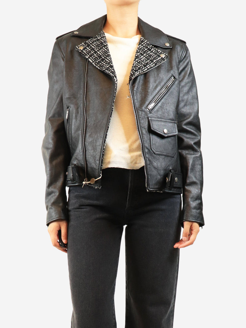 Black leather and tweed biker jacket - size UK 12