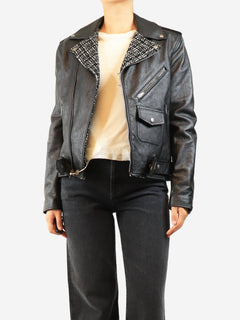 Black leather and tweed biker jacket - size UK 12