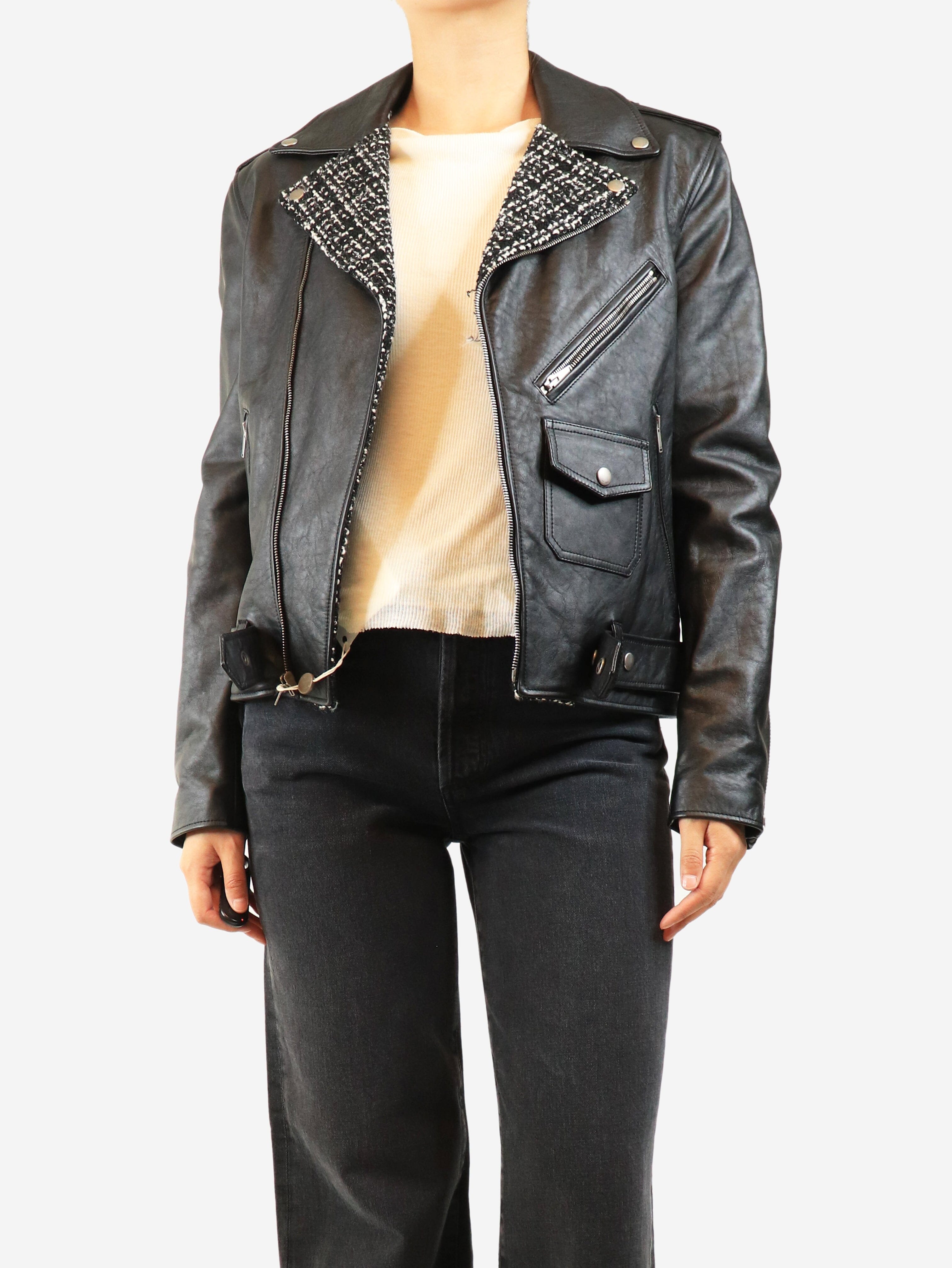 Black leather and tweed biker jacket - size UK 12