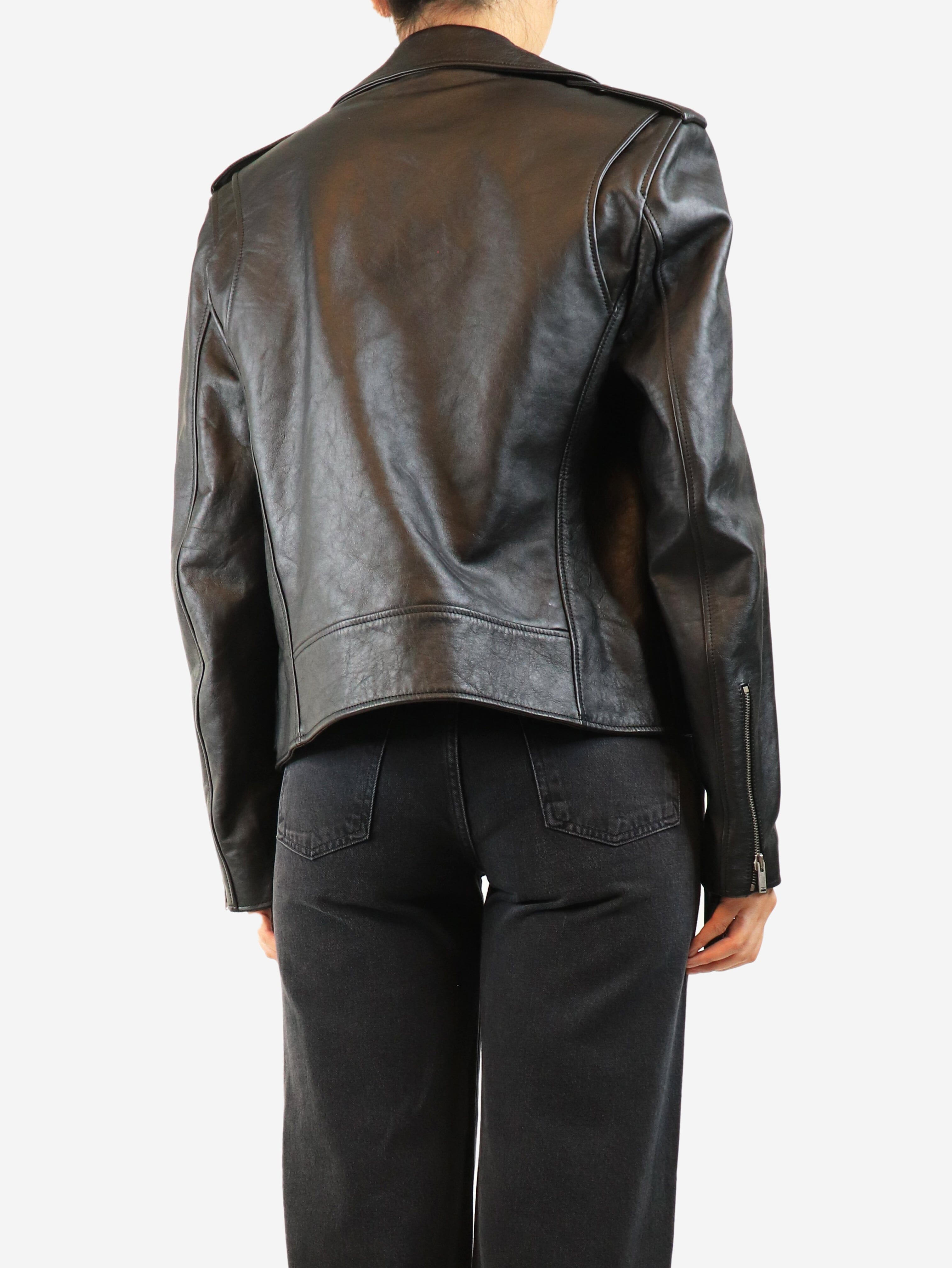 Black leather and tweed biker jacket - size UK 12