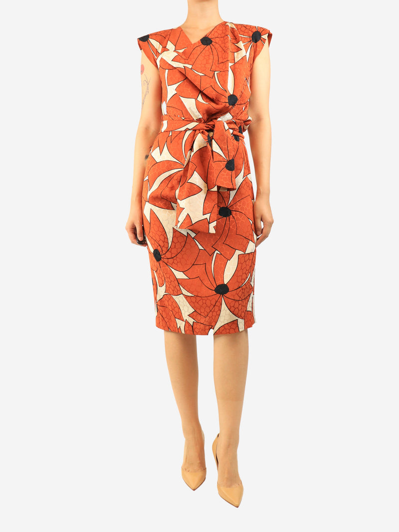 Burnt orange cowl-neck geometric floral midi dress - size UK 10 Dresses Gres 