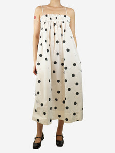 Ganni White and black shirred polka dot shell midi dress - size UK 8