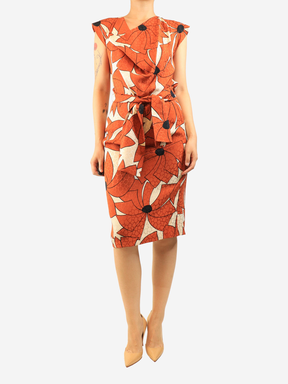 Burnt orange cowl-neck geometric floral midi dress - size UK 10 Dresses Gres 