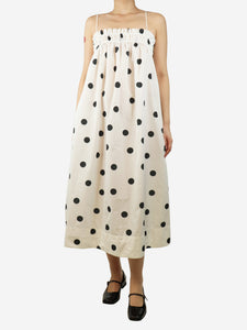 Ganni White and black shirred polka dot shell midi dress - size UK 8