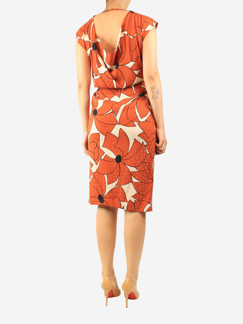 Burnt orange cowl-neck geometric floral midi dress - size UK 10 Dresses Gres 