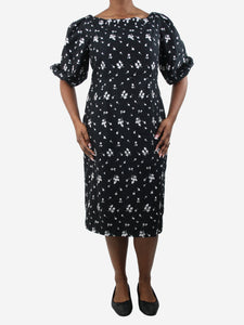 Erdem Black wide-neck floral embroidered dress - size UK 16