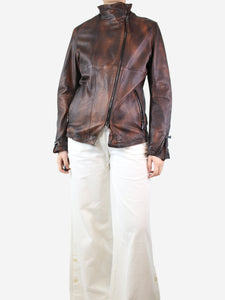 Empresa Brown leather faded-effect jacket - size UK 14