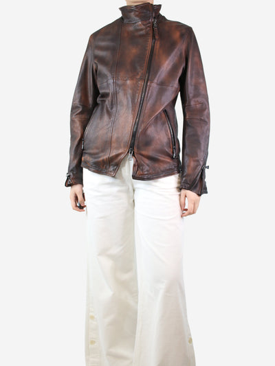 Brown leather faded-effect jacket - size UK 14