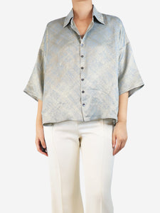 Eskandar Blue and gold paint-splash effect lurex shirt - size UK 10