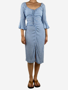 Ganni Blue ruched gingham EcoVero™-blend midi dress - size UK 10