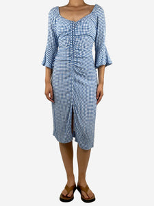 Ganni Blue ruched gingham EcoVero™-blend midi dress - size UK 10