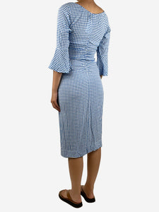 Ganni Blue ruched gingham EcoVero™-blend midi dress - size UK 10