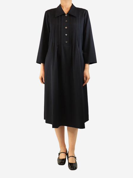 Navy pleated wool midi dress - size UK 12 product image
