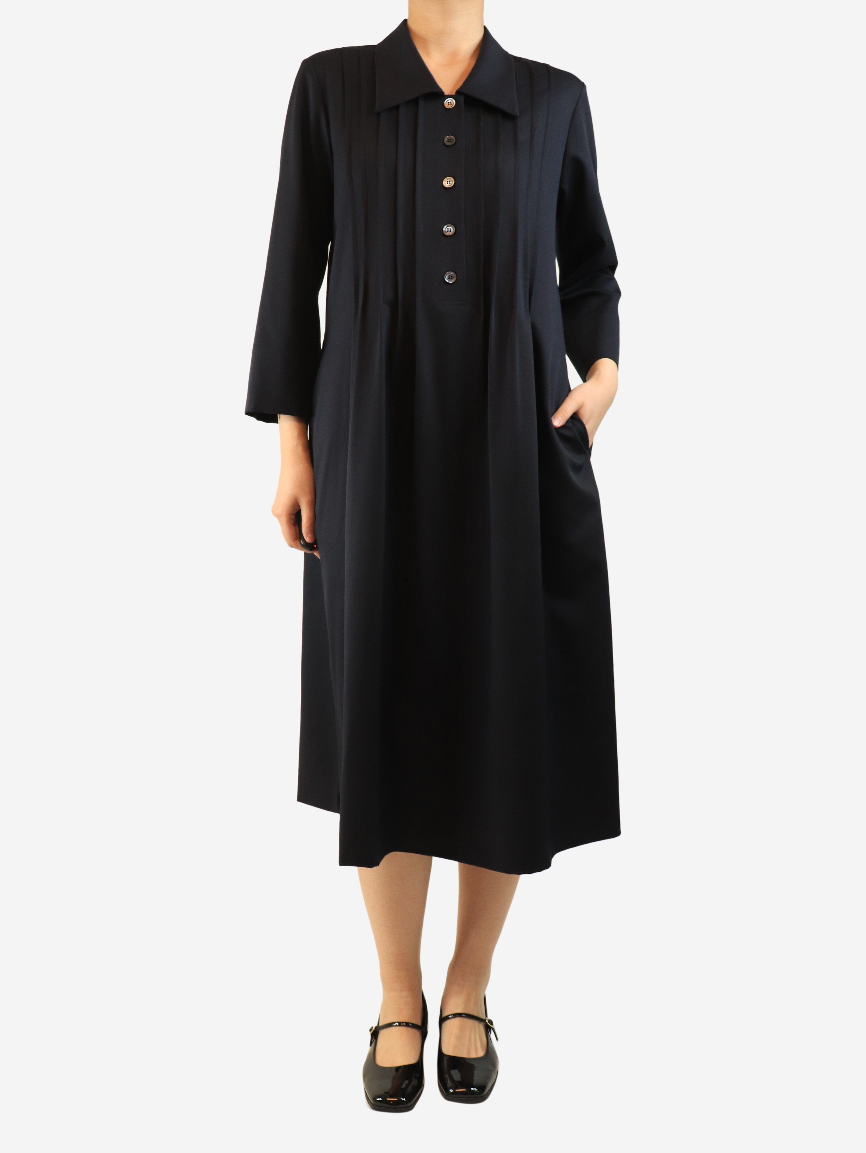 Navy pleated wool midi dress - size UK 12 Dresses Margaret Howell 