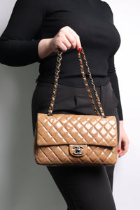 Chanel Caramel 2008 medium diamond-quilted patent lambskin Classic double flap shoulder bag