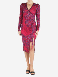 Hale Bob Pink V-neckline ruched printed midi dress - size UK 8