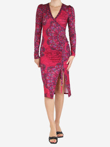 Hale Bob Pink V-neckline ruched printed midi dress - size UK 8