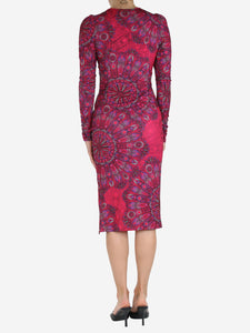 Hale Bob Pink V-neckline ruched printed midi dress - size UK 8