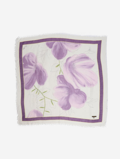 Purple fringed cashmere floral scarf