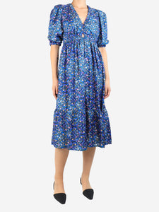 Sandro Blue floral printed midi silk dress - size UK 8